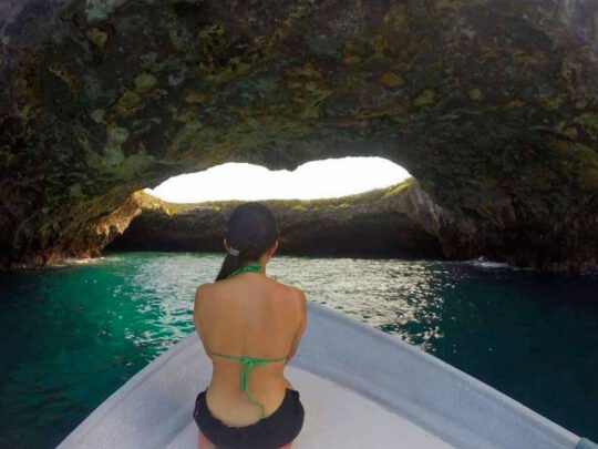 Boat entering Hidden Beach in the Marietas Islands, Mexico