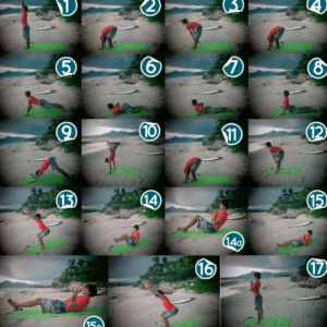 A person practicing yoga on the beach with a surfboard nearby, symbolizing the connection between yoga and surfing for strength and flexibility.