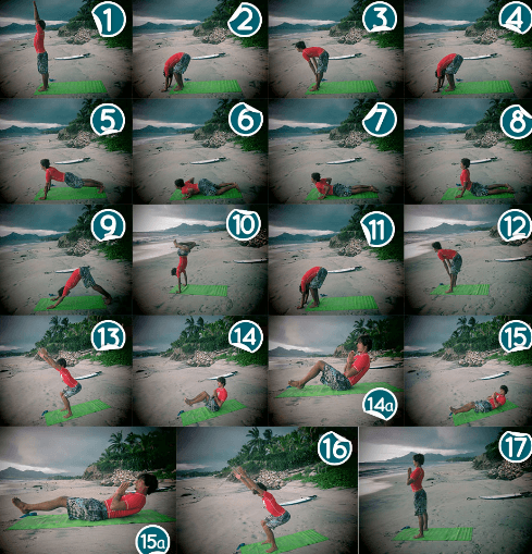 Yoga Routine for Surf Strength and Flexibility A person practicing yoga on the beach with a surfboard nearby, symbolizing the connection between yoga and surfing for strength and flexibility.