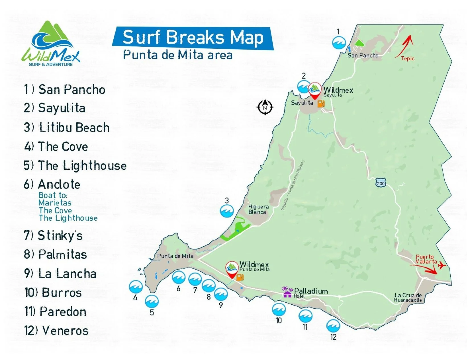 A detailed map showcasing surf spots in the Sayulita and Punta de Mita area, aiding surfers in choosing the best tides for optimal surfing experiences.