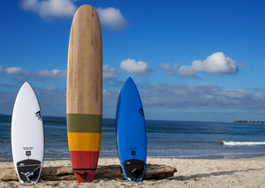 Surfboards of various shapes and sizes displayed in a surf shop.