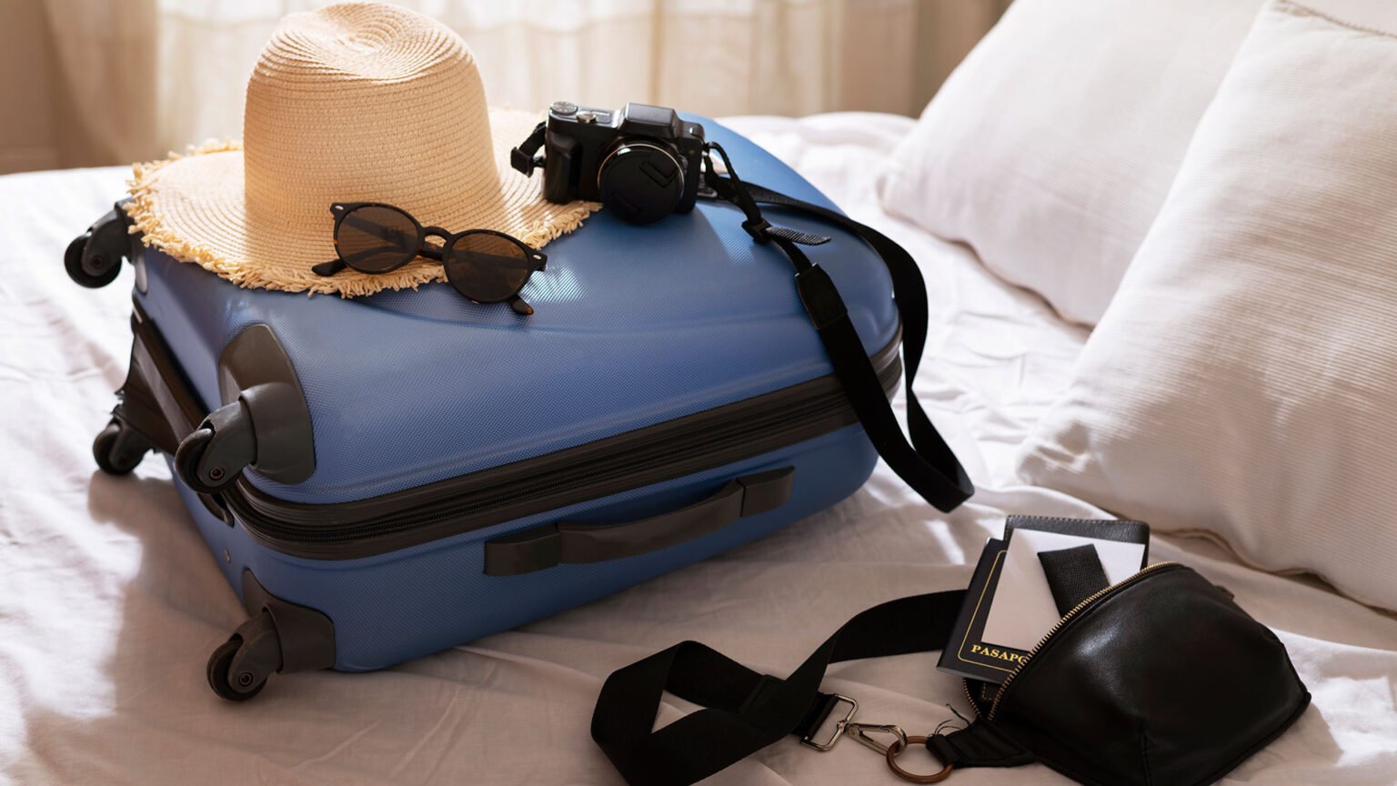 Packed suitcase with sun hat, sunglasses, camera, and travel documents for surf trip to Sayulita and Punta Mita