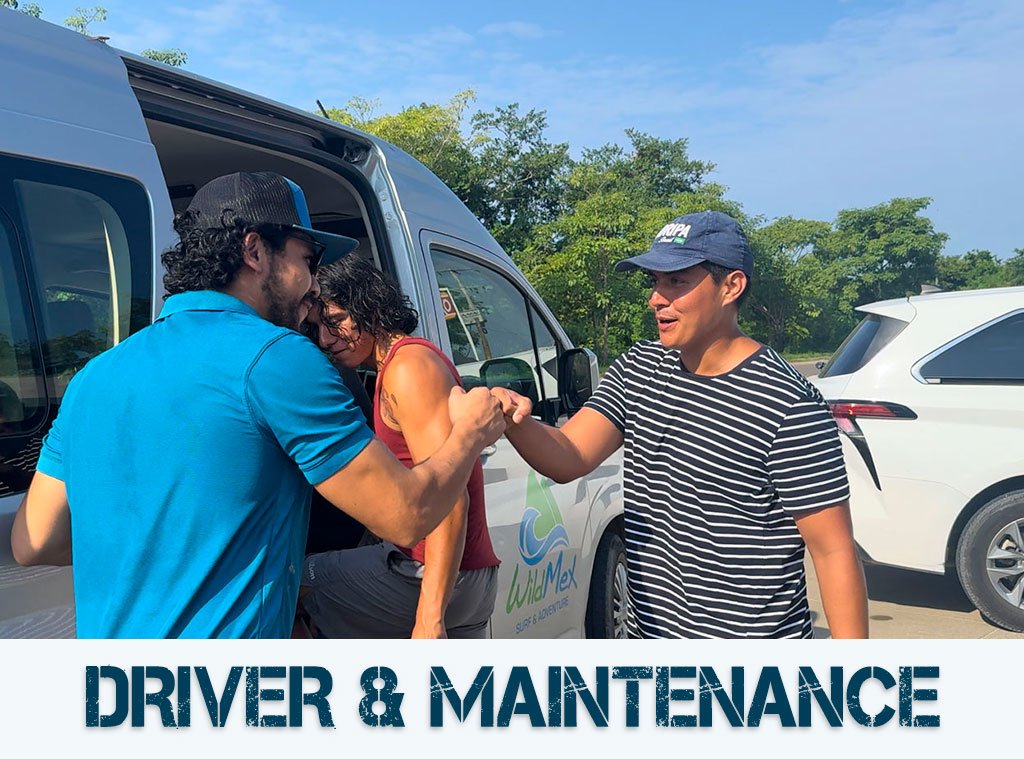 Driver, member of the WildMex team, greeting guests before boarding the surf shuttle